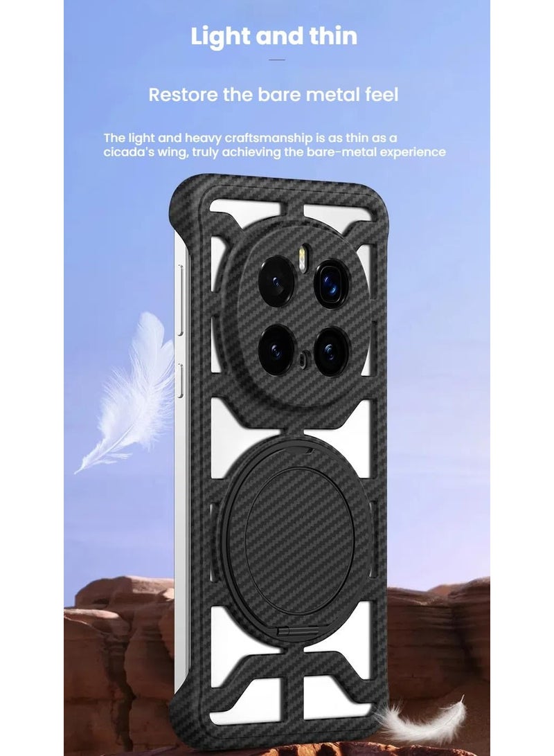 VKL Bezel-less Case Compatible with Honor Magic 7 Pro (5G), Built-in 360° Rotatable Ring Stand, Carbon Fiber Textured Skeleton Protective Cover for Honor Magic7 Pro (Black) - Image 2