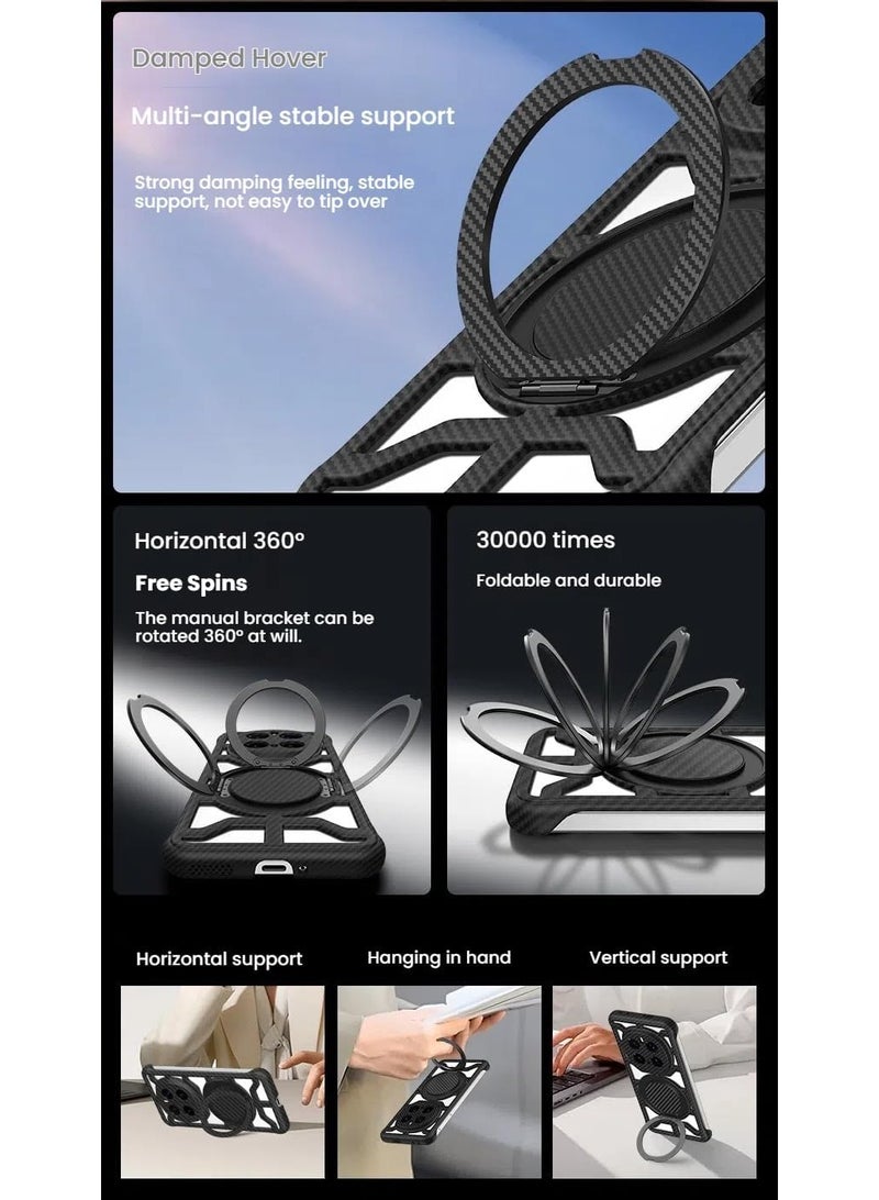 VKL Bezel-less Case Compatible with Honor Magic 7 Pro (5G), Built-in 360° Rotatable Ring Stand, Carbon Fiber Textured Skeleton Protective Cover for Honor Magic7 Pro (Black) - Image 3