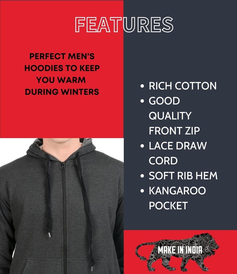 Scott International Men's Solid Cotton RegularHoodies for Men Sweatshirts for Men Sweatshirt for Men with Zipper Stylish Winter Wear with Hood and Pockets Charcoal 3XL - Image 3