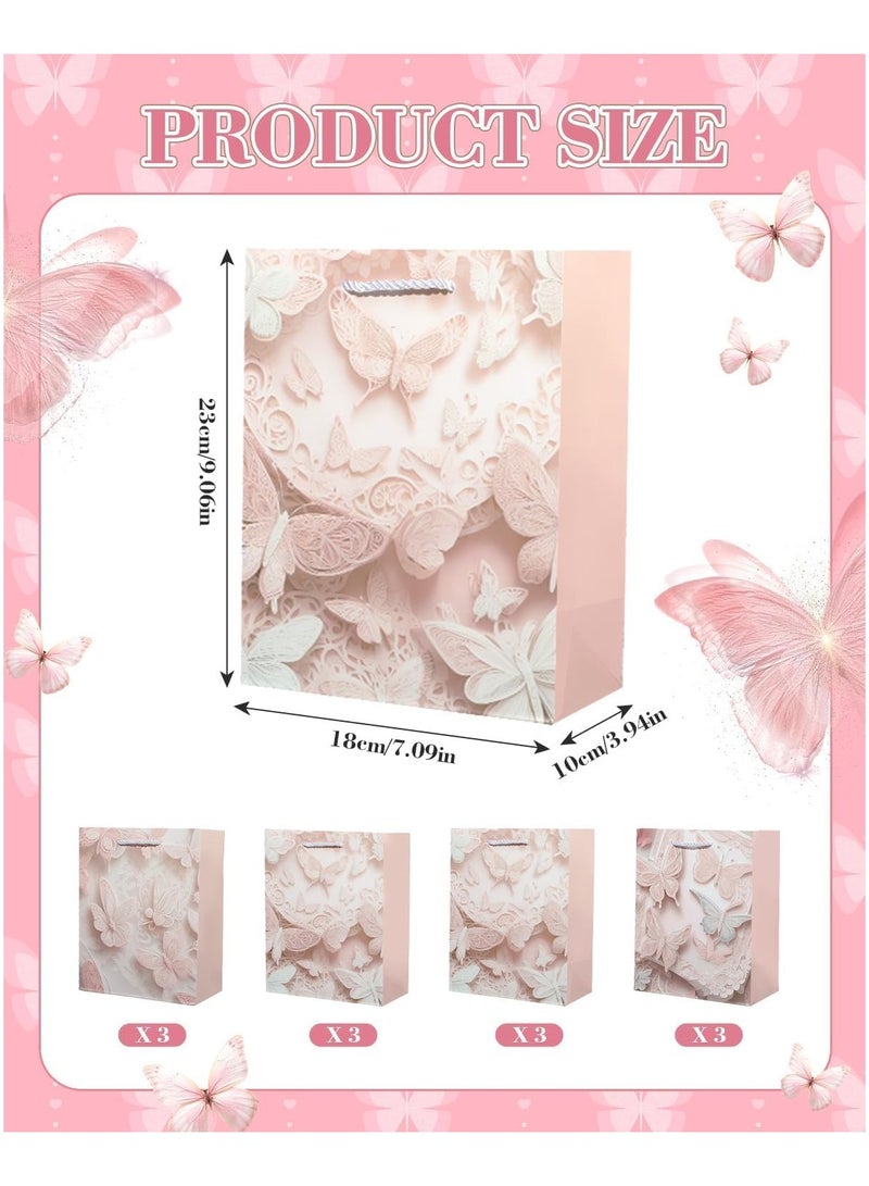 عام **12 قطعة من أكياس هدايا الفراشة - حقيبة يد ورقية وردية قابلة لإعادة الاستخدام بمقبض، حقيبة هدايا حفلات فراشة عصرية، مناسبة لأعياد الميلاد، الزفاف، حفلات العروس، حفلات الأطفال، أكياس الوجبات الخفيفة والحلوى.** - Image 2