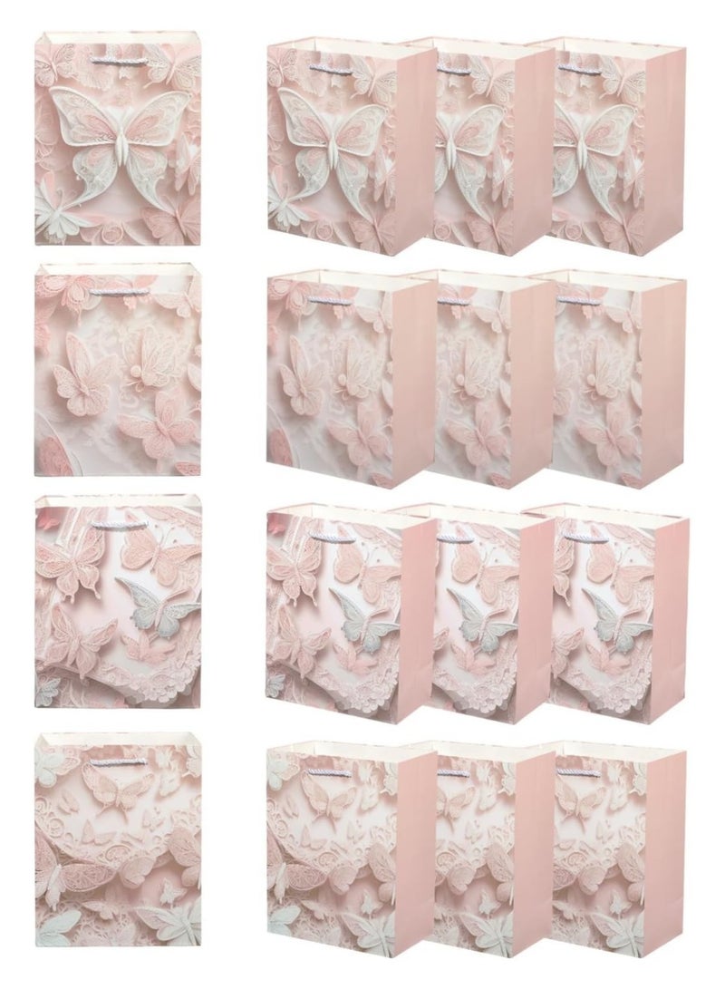 عام **12 قطعة من أكياس هدايا الفراشة - حقيبة يد ورقية وردية قابلة لإعادة الاستخدام بمقبض، حقيبة هدايا حفلات فراشة عصرية، مناسبة لأعياد الميلاد، الزفاف، حفلات العروس، حفلات الأطفال، أكياس الوجبات الخفيفة والحلوى.** - Image 1
