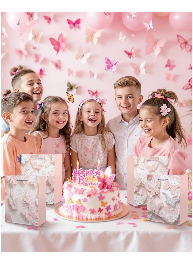 عام **12 قطعة من أكياس هدايا الفراشة - حقيبة يد ورقية وردية قابلة لإعادة الاستخدام بمقبض، حقيبة هدايا حفلات فراشة عصرية، مناسبة لأعياد الميلاد، الزفاف، حفلات العروس، حفلات الأطفال، أكياس الوجبات الخفيفة والحلوى.** - Image 5