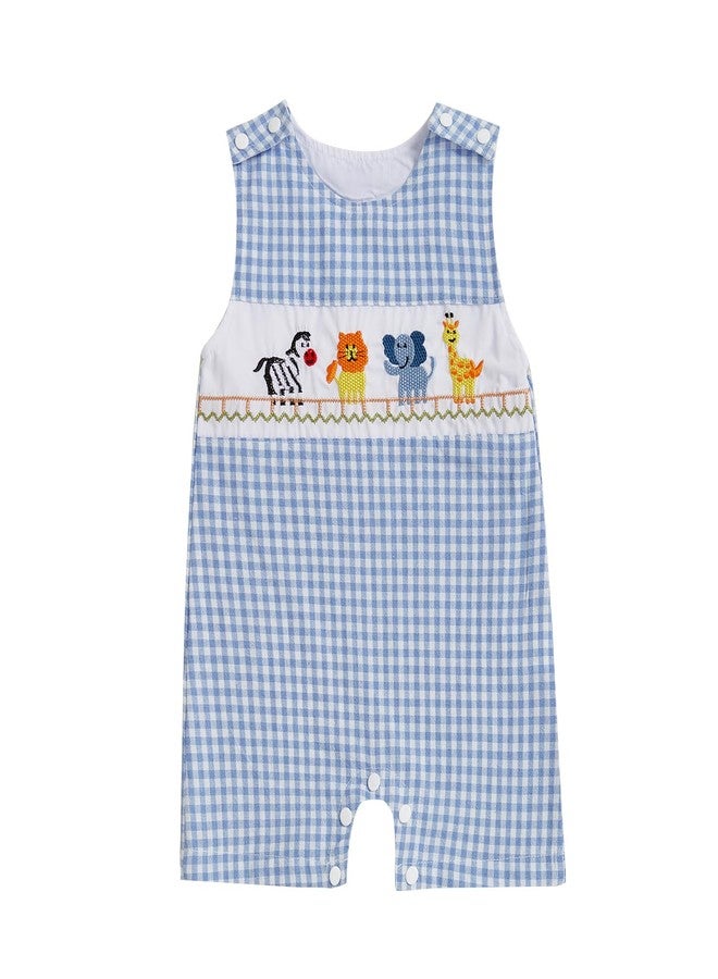 Karuedoo Newborn Baby Boy Summer Clothes Animal Embroidery Plaid Sleeveless Romper Jumpsuit Overall Bodysuit One-Piece Outfit (A-Blue Animals, 12-18 Months) - Image 1