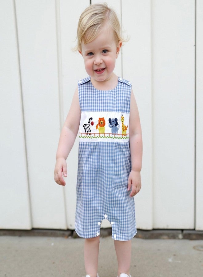 Karuedoo Newborn Baby Boy Summer Clothes Animal Embroidery Plaid Sleeveless Romper Jumpsuit Overall Bodysuit One-Piece Outfit (A-Blue Animals, 12-18 Months) - Image 2
