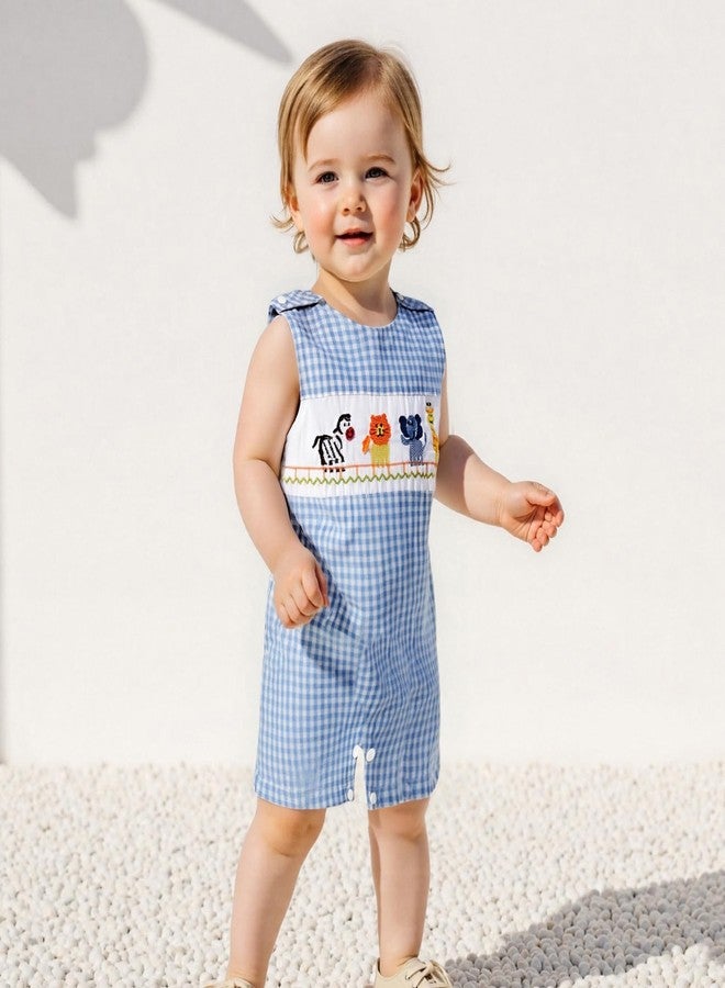 Karuedoo Newborn Baby Boy Summer Clothes Animal Embroidery Plaid Sleeveless Romper Jumpsuit Overall Bodysuit One-Piece Outfit (A-Blue Animals, 12-18 Months) - Image 5