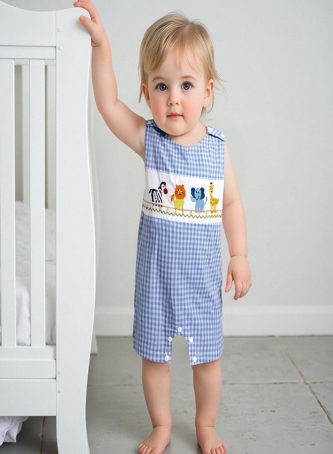 Karuedoo Newborn Baby Boy Summer Clothes Animal Embroidery Plaid Sleeveless Romper Jumpsuit Overall Bodysuit One-Piece Outfit (A-Blue Animals, 12-18 Months) - Image 4