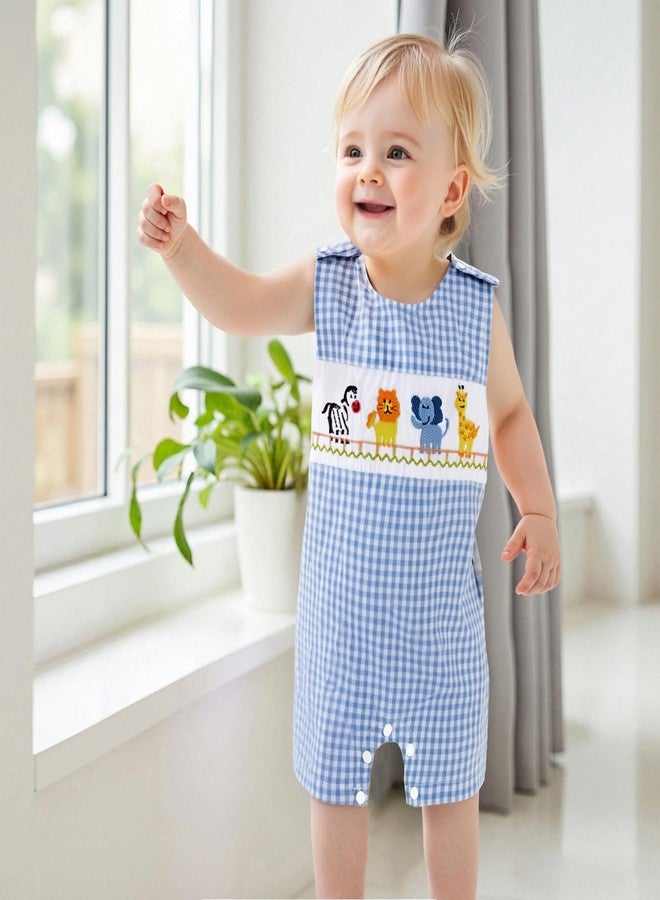 Karuedoo Newborn Baby Boy Summer Clothes Animal Embroidery Plaid Sleeveless Romper Jumpsuit Overall Bodysuit One-Piece Outfit (A-Blue Animals, 12-18 Months) - Image 3