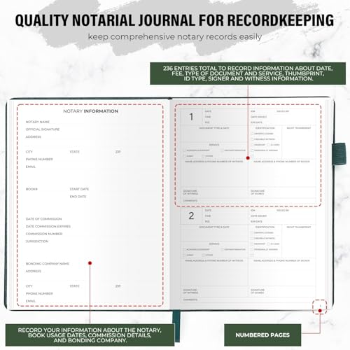 molekaus Notary Journal Log Book Notary Log Book Notary Public Journal for Notarial Acts with 236 Notarial Record Entries 120gsm Numbered Pages 7"X10" (Dark Green) - Image 2