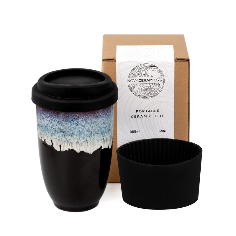 NOVA CERAMICS 12oz Travel Coffee Mug  Unique Microwave  Dishwasher Safe Tumbler With Lid  Gifts For Women  Men