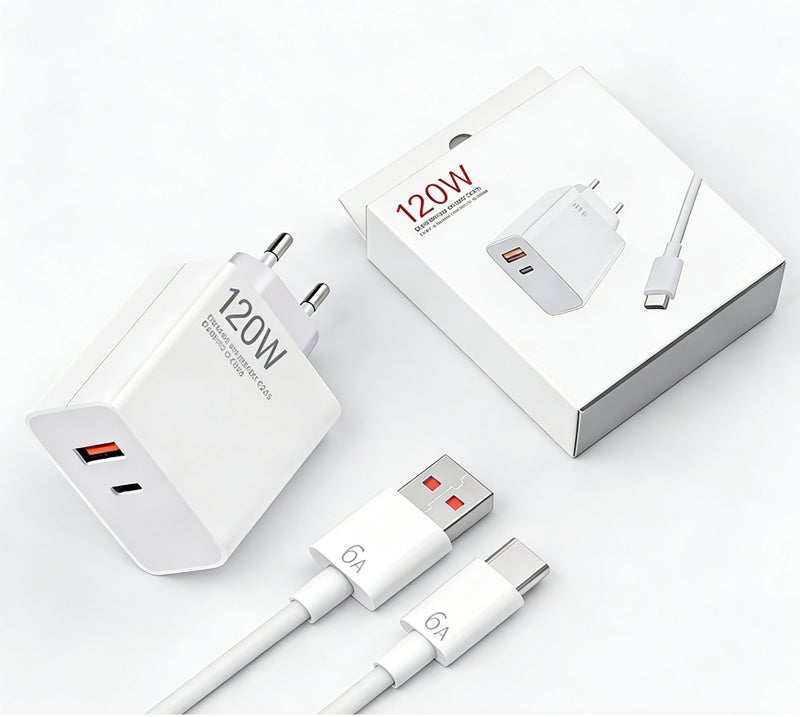 WHALE 120W QC 3.0 Dual-Port Fast Charger - European Standard, Compact Wall Adapter for Xiaomi and Redmi Phones , Portable Fast Charging, Equipped with 1 USB-C Port and 1 USB-A Port + 1m Data Cable - Image 1