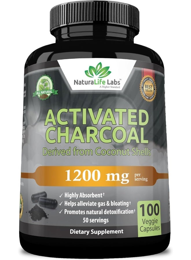 NaturaLife Labs Organic Activated Charcoal Capsules - 1,200mg, 100 Vegan Capsules - Image 1