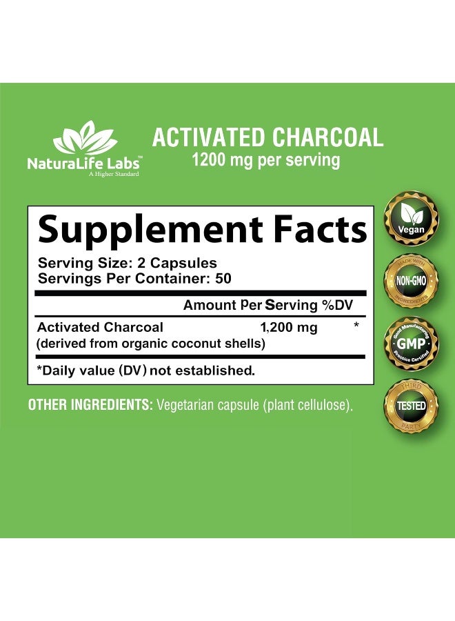 NaturaLife Labs Organic Activated Charcoal Capsules - 1,200mg, 100 Vegan Capsules - Image 2