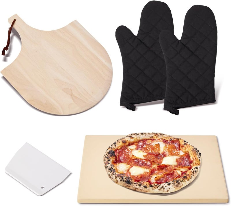 ROCKSHEAT طقم حجر البيتزا، حجر بيتزا مستطيل 15"x12" للفرن والشواية وBBQ مع ملعقة بيتزا خشبية وقفازات فرن، حجر خبز من الكورديريت، حجر طهي فريد مزود بأربعة مقابض مدمجة - Image 1
