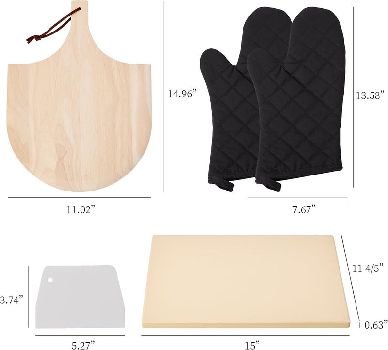 ROCKSHEAT طقم حجر البيتزا، حجر بيتزا مستطيل 15"x12" للفرن والشواية وBBQ مع ملعقة بيتزا خشبية وقفازات فرن، حجر خبز من الكورديريت، حجر طهي فريد مزود بأربعة مقابض مدمجة - Image 3