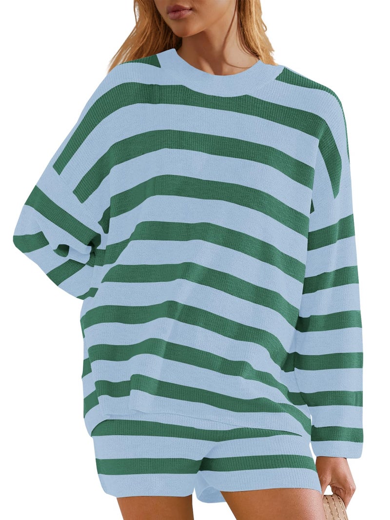 Panadila Womens Oversized Lounge Sets Striped Sweater Shorts Set Matching Pajama Set 2 Piece Outfits (Light Blue Green,XS) - Image 2
