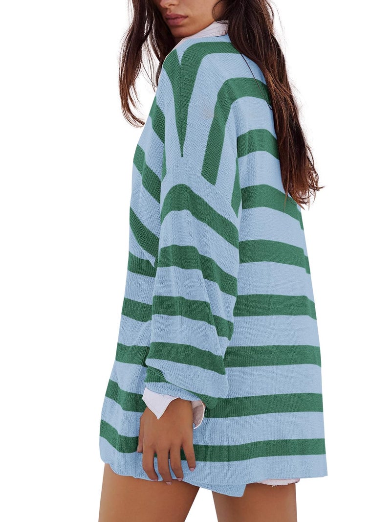 Panadila Womens Oversized Lounge Sets Striped Sweater Shorts Set Matching Pajama Set 2 Piece Outfits (Light Blue Green,XS) - Image 3