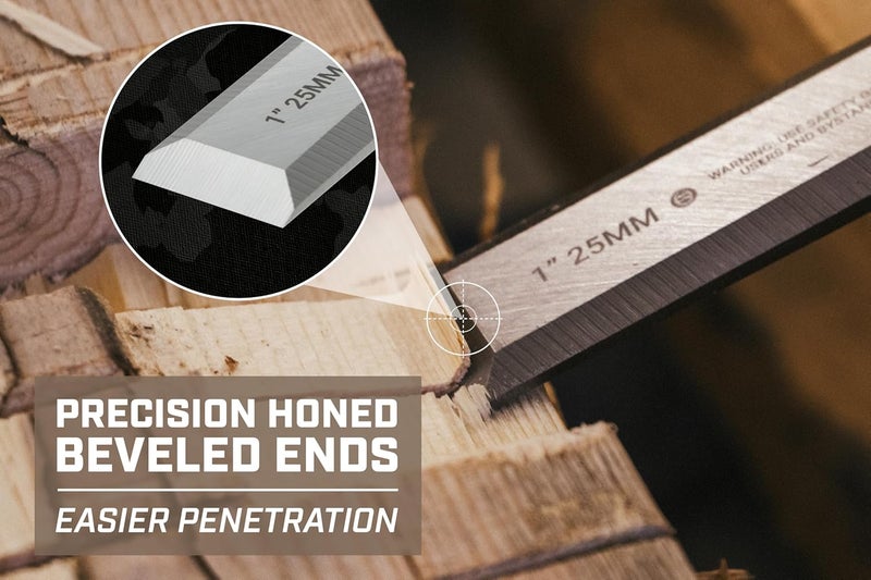 Spec-Ops مجموعة أدوات إزميل خشبي بشفرات فولاذية عالية الكربون، مقبض ممتص للصدمات، 4 قطع، 3% تبرع للمحاربين القدامى - Image 3