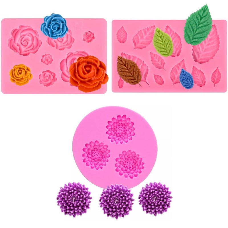 Skytail 3 Pack Rose Flower Silicone Mold Leaves Candy Mould Mini Rose & Leaf Molds for Candle Making Chocolate Fondant Sugarcraft Clay Cupcake Toppers Cake Decorating Candle Wax Polymer Clay Molds - Image 1