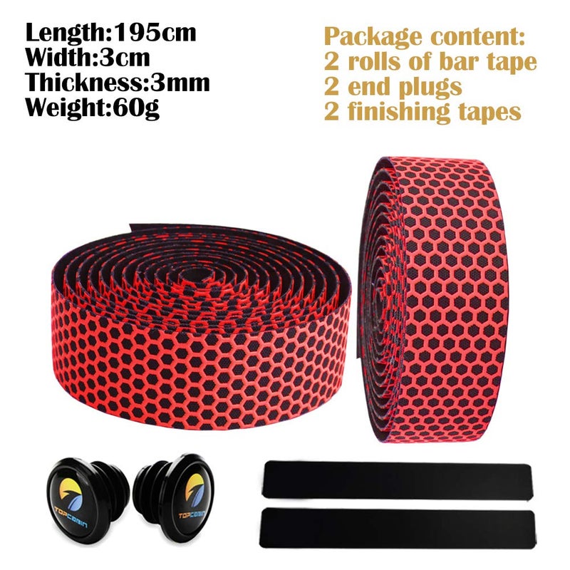 TOPCABIN Bicycle Bar Tape EVA Camouflage Series Comfort Road Bike Handlebar Tape Bike Bar Tape with Bar End Plugs-2 Rolls (Grid Red) - Image 2