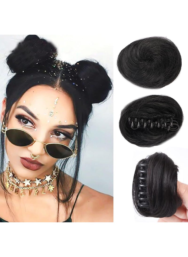 BASEMMAHER 2 Pcs Mini Claw Clip in Messy  Cat Ears Hair Bun Extensions Wavy Wig Accessory Space Buns Hair Piece Synthetic Donut Updo Chignon Hairpieces for Women Girls Natural Black 
