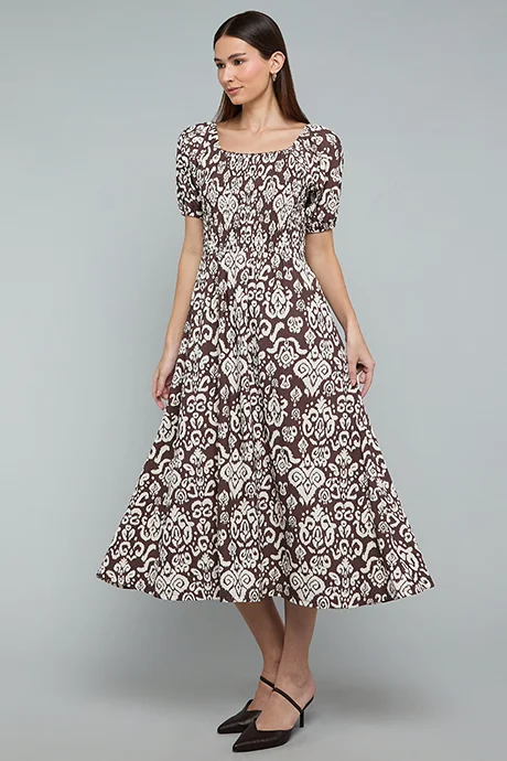 أر أند بي Patterned Midi Dress with Square Neck and Puff Sleeves