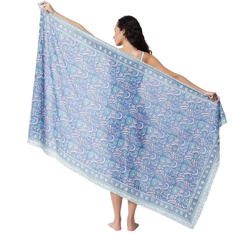 parihan Cotton Block Print long Beach Pareo Sarong Swimsuit Cover Ups Women Wrap - Image 5
