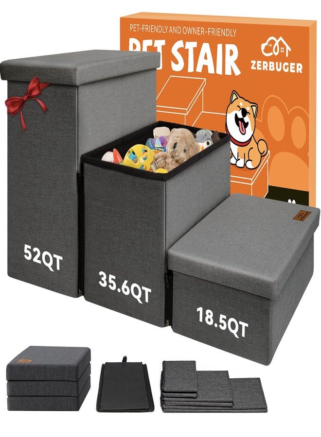Zerbuger Dog Stairs with Storage 18" H, 3-Step Wider Dog Steps for Small/Medium/Large Old Dogs Cats, Folding Sturdy Pet Stairs Climbing Bed Couch, Ramp for Car Hold Up to 200 lbs (Dark Grey, No Condo) - Image 1