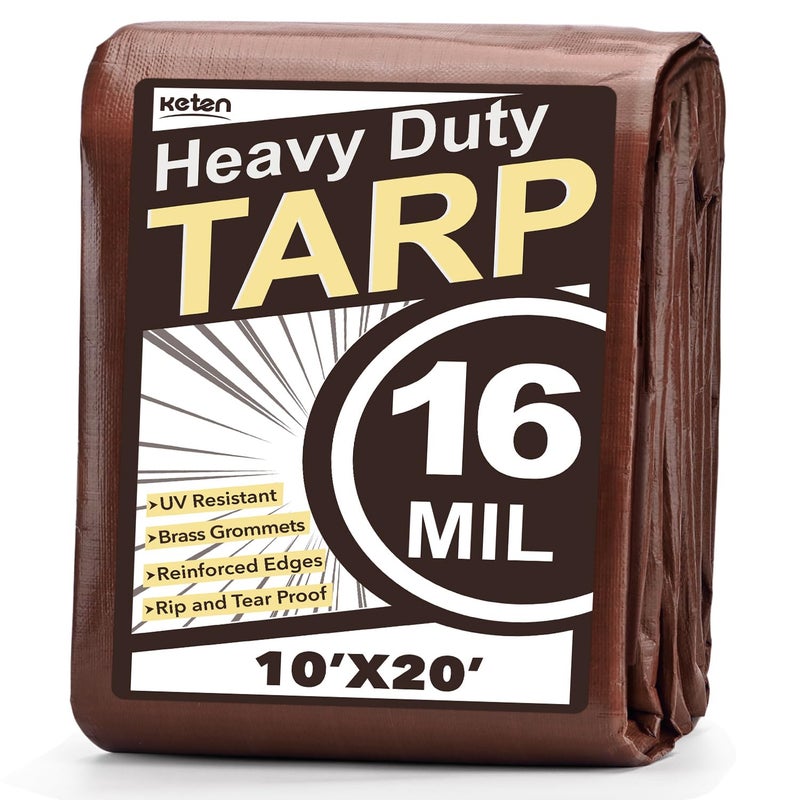 Keten Tarps Heavy Duty Waterproof 10X20 Feet, Extra Thick 16 Mil, Tear & Fade Resistant, 100% UV Blocking, Outdoor Tarp with Reinforced Grommets for Roof, Camping, Patio, Pool, Boat (Brown/Silver) - Image 1