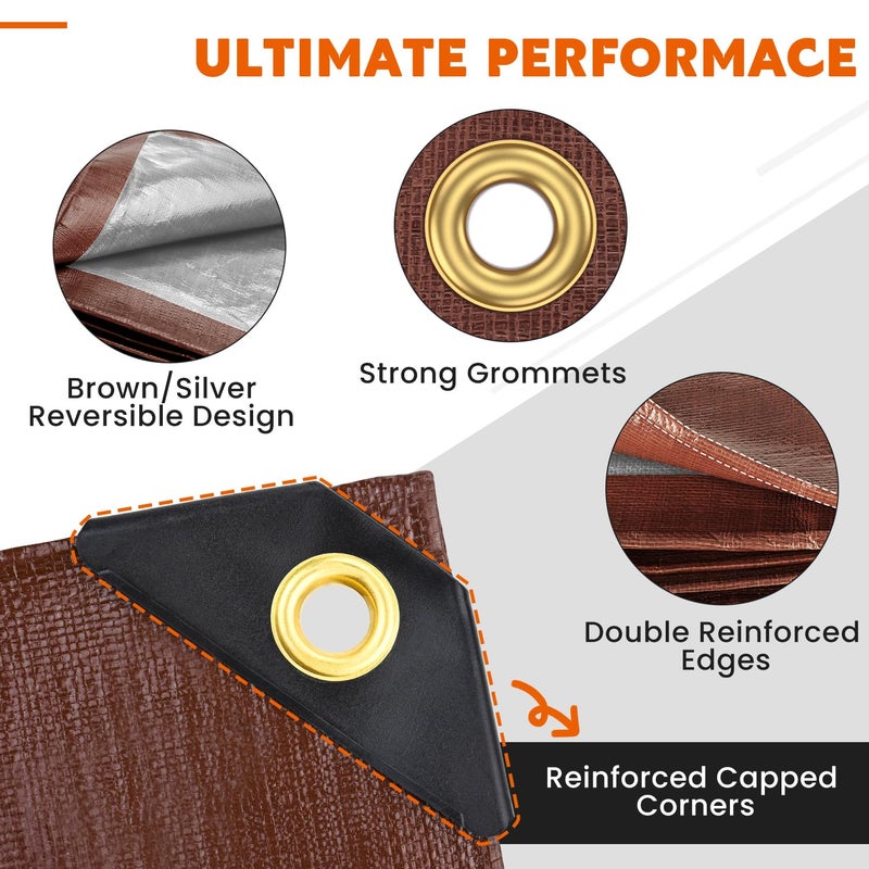 Keten Tarps Heavy Duty Waterproof 10X20 Feet, Extra Thick 16 Mil, Tear & Fade Resistant, 100% UV Blocking, Outdoor Tarp with Reinforced Grommets for Roof, Camping, Patio, Pool, Boat (Brown/Silver) - Image 2