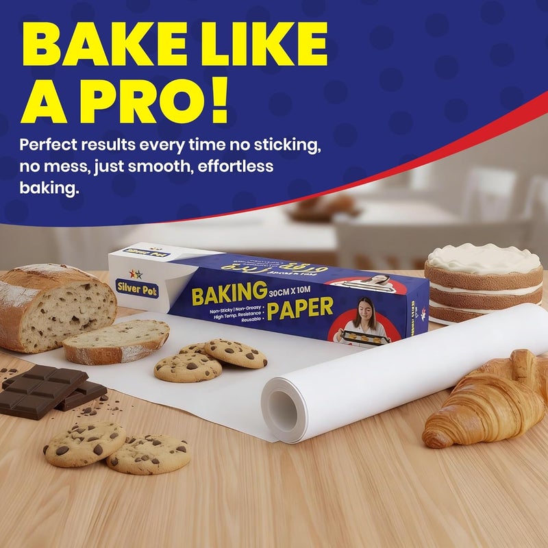 Silver Pot Baking Paper Roll 10 Meter x 30cm, Non-Stick Parchment Paper for Baking Cooking & Rapping, Oven Safe & Food Grade Baking Sheet Liners - Image 3