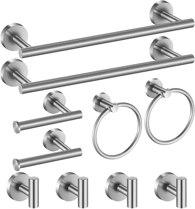 Hinmood Bathroom Hardware Set Brushed Nickel 24 Inch Towel Bar Set 10 Pieces Bathroom Accessories Set Includes Includes 2 Packs 24 Inch Towel Bar Towel Ring Toilet Holder and 4 Packs Towel Hooks