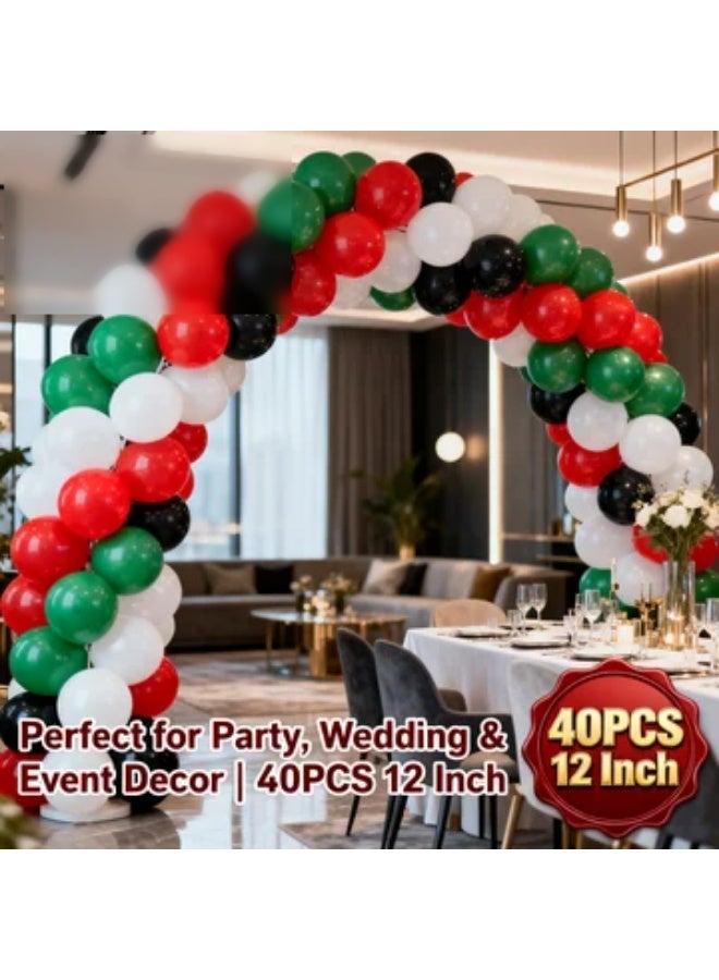 Toys GCC 40PCS 12 Inch Latex Balloons UAE Flag Colors Red Green White Black Party Balloons Set Thickened Matte Balloons for National Day Decoration Balloon Arch Garland Backdrop Wedding Birthday Baby Shower Event Decor Premium Balloon Kit for DIY Party Decoration Indoor Outdoor Celebration Supplies  Bring vibrant celebration energy to your event with this 40PCS 12 inch latex balloons set designed in UAE flag colors including red balloons, green balloons, white balloons, and black balloons, each color carefully packed with 10 balloons to create a balanced and professional decoration solution. This balloon set is ideal for UAE National Day decoration, party balloons, event decor, balloon arch setup, balloon garland design, backdrop decoration, wedding balloons, birthday balloons, baby shower balloons, festival balloons, holiday balloons, - Image 2