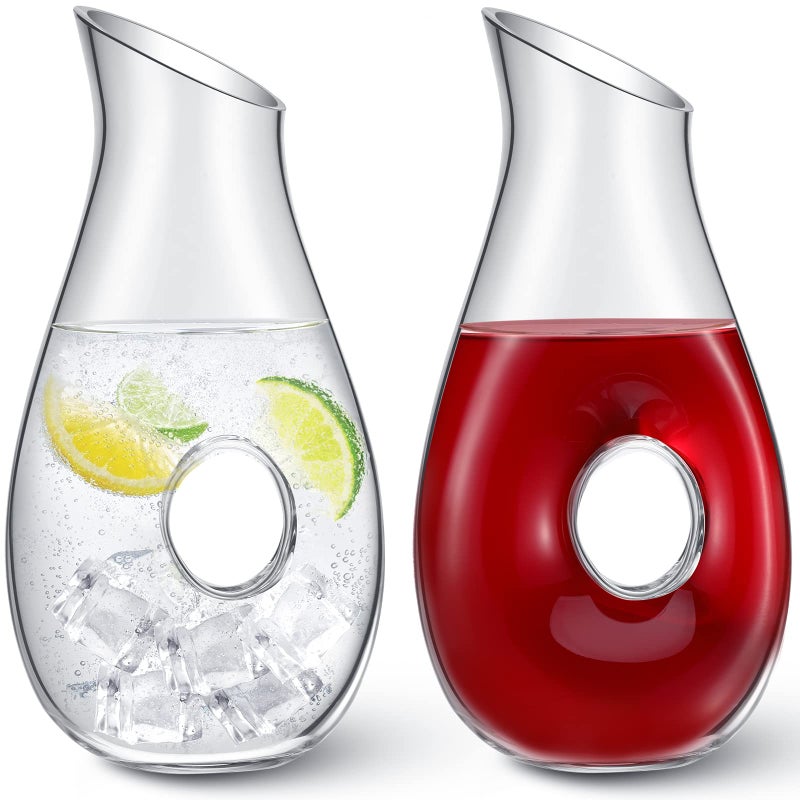 Nuanchu 2 Pcs 48 oz Wine Decanter Carafe Pierced Decanter Clear Glass Juice Pitcher Jar for Red Wine Beer Water Lovers Gift Wedding Birthday Party Supplies 