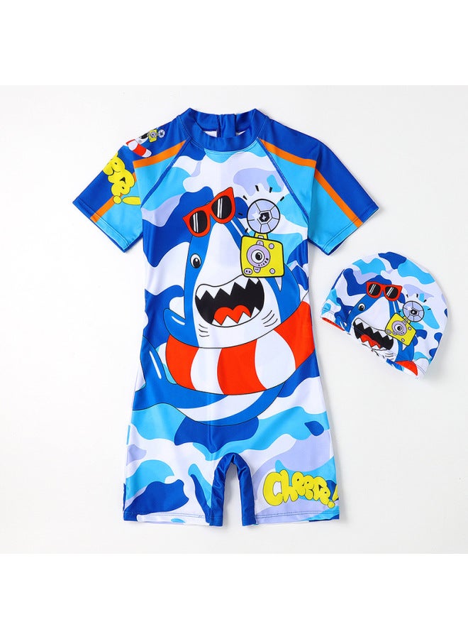 Loquat 2022 Boys' Quick-drying Swimsuit One-piece Short-sleeved Baby Casual Children's Sunscreen Small And Medium-sized Children's Boys Swimwear Suit-Color:Shark- - Image 1