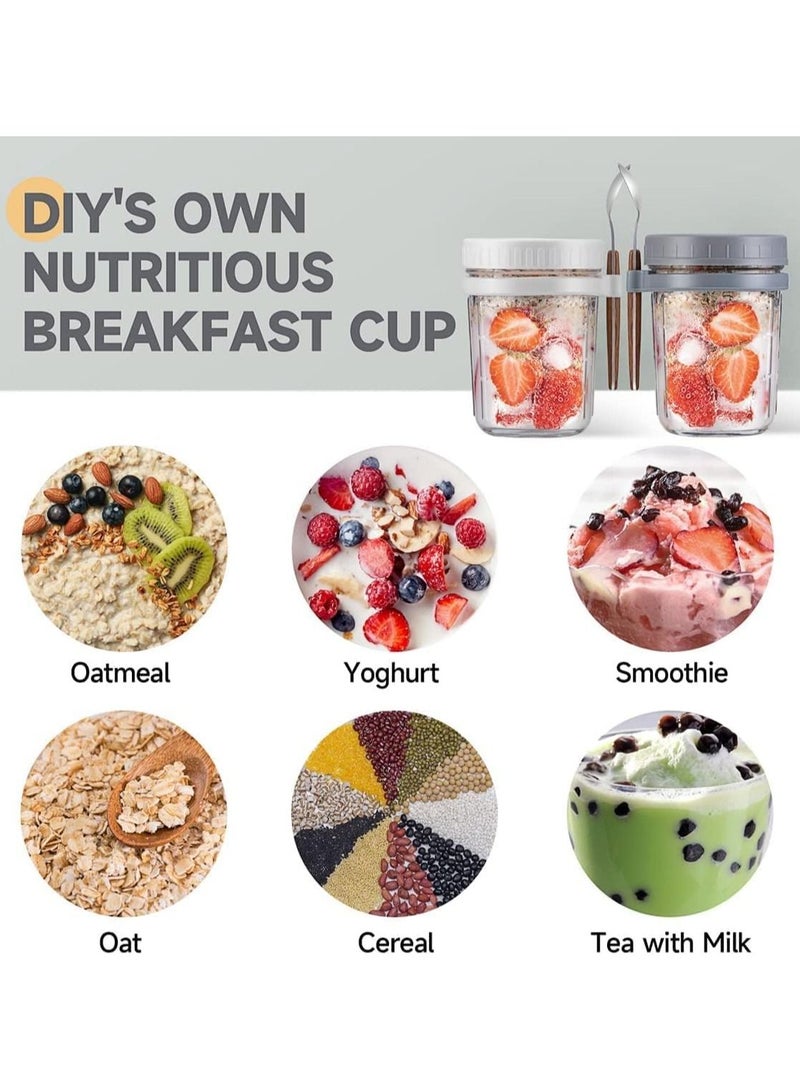 2PCS Overnight Oats Jars with Lid and Spoon,Airtight Oatmeal Container with Measurement Marks,Glass Jars with Airtight Lids for Cereal Yogurt and Parfait (350ml/12oz, White)
