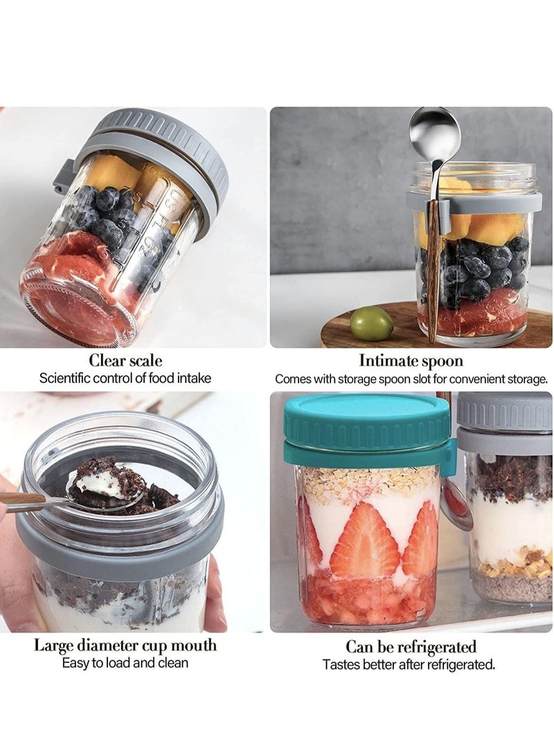 2PCS Overnight Oats Jars with Lid and Spoon,Airtight Oatmeal Container with Measurement Marks,Glass Jars with Airtight Lids for Cereal Yogurt and Parfait (350ml/12oz, White)