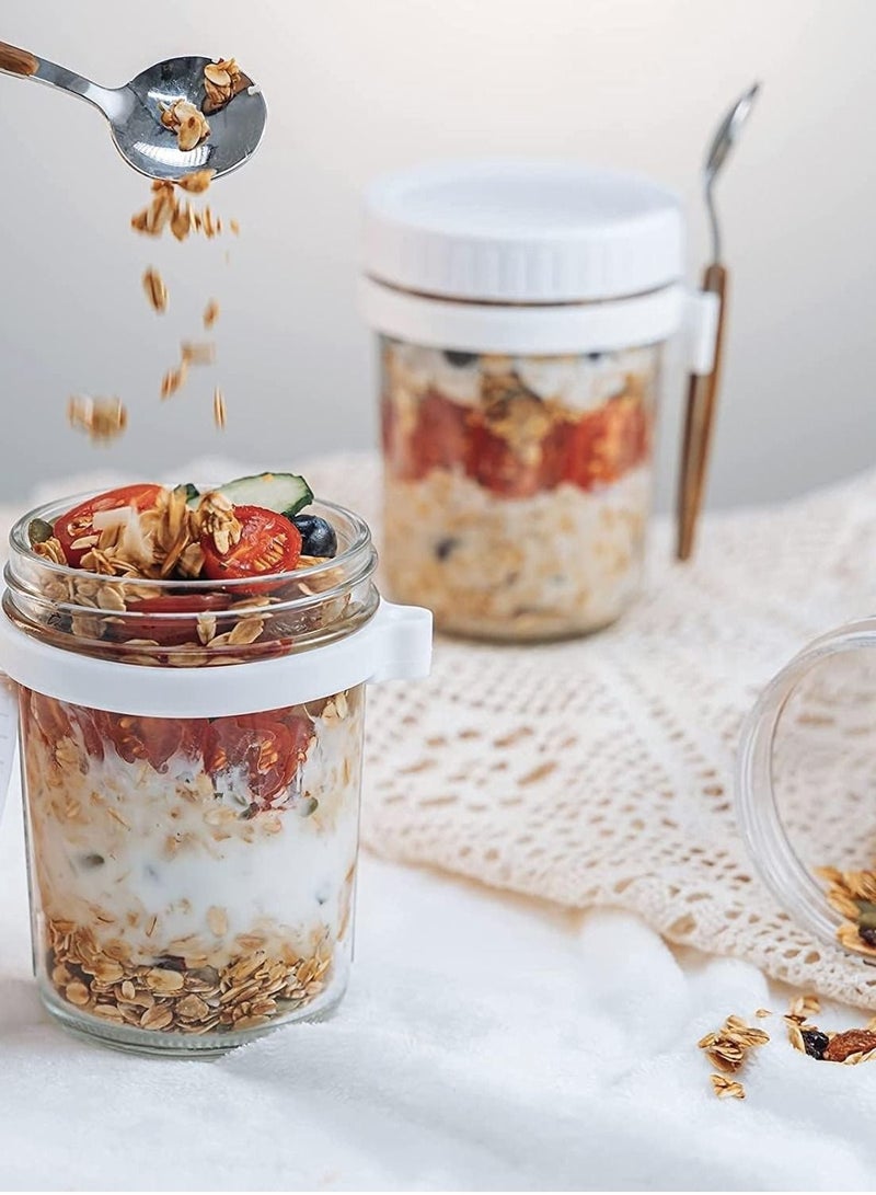 2PCS Overnight Oats Jars with Lid and Spoon,Airtight Oatmeal Container with Measurement Marks,Glass Jars with Airtight Lids for Cereal Yogurt and Parfait (350ml/12oz, White)