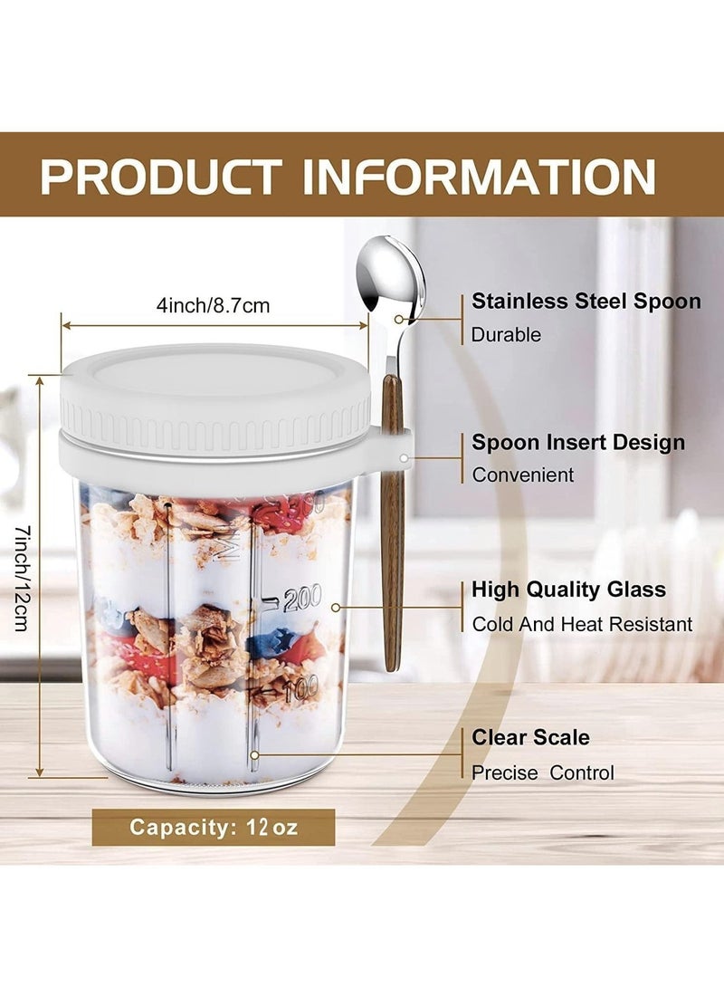 2PCS Overnight Oats Jars with Lid and Spoon,Airtight Oatmeal Container with Measurement Marks,Glass Jars with Airtight Lids for Cereal Yogurt and Parfait (350ml/12oz, White)
