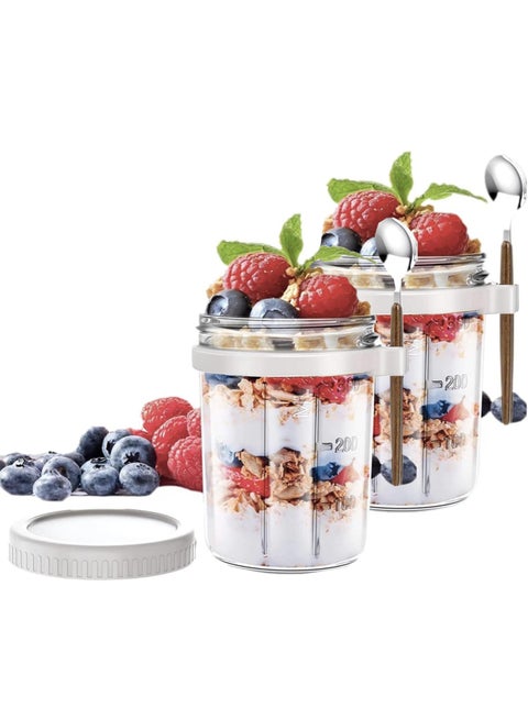 2PCS Overnight Oats Jars with Lid and Spoon,Airtight Oatmeal Container with Measurement Marks,Glass Jars with Airtight Lids for Cereal Yogurt and Parfait (350ml/12oz, White)