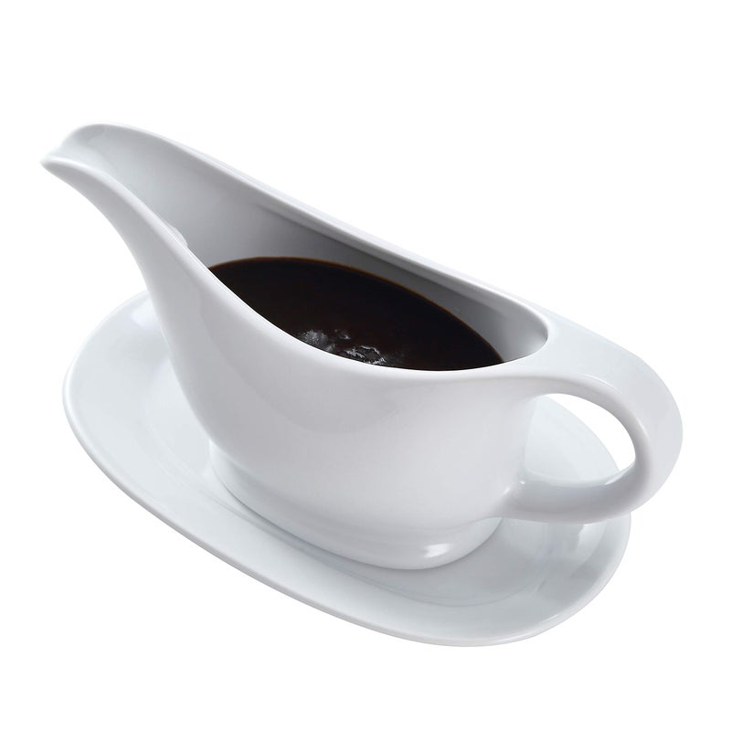 Bruntmor Bruntmor 11 Oz White Ceramic Gravy Boat With Tray 11 Ounce Small Ceramic Serving Dish Dispenser with Tray For Sauces Gravy Boats With Saucer For Dinner 