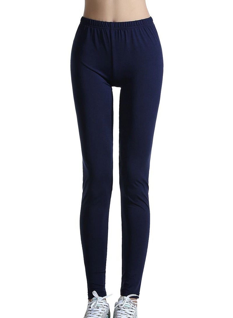 Loquat Women's Solid Color Elastic Waistband Highly Elastic Leggings Pants Navy Blue  - Image 1