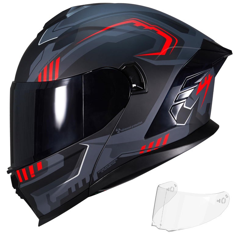 MXJ Gear Motorcycle Helmet,Motorcycle Dual Visor Flip up Modular Full Face Helmet JR-815,DOT Approved Motorbike Helmet with 2 Visors for Adults Men Women(M,Matte Red Evolve) - Image 1