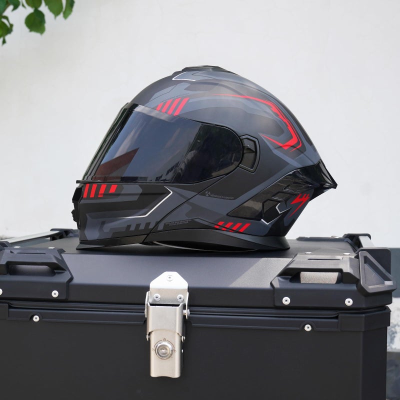 MXJ Gear Motorcycle Helmet,Motorcycle Dual Visor Flip up Modular Full Face Helmet JR-815,DOT Approved Motorbike Helmet with 2 Visors for Adults Men Women(M,Matte Red Evolve) - Image 5
