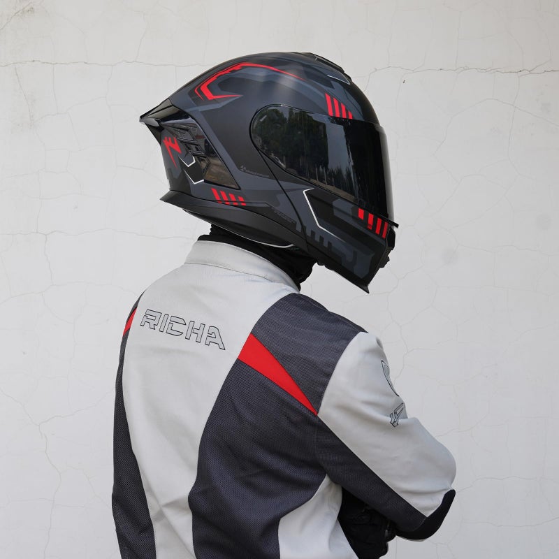 MXJ Gear Motorcycle Helmet,Motorcycle Dual Visor Flip up Modular Full Face Helmet JR-815,DOT Approved Motorbike Helmet with 2 Visors for Adults Men Women(M,Matte Red Evolve) - Image 3