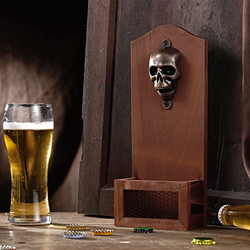 Arola Skull Bottle Opener with Cap Collector Catcher, Vintage Wooden Wall Mounted Bottle Opener，Ideal Gift for Men and Beer Lovers, Use as Bar Decoration. - Image 2