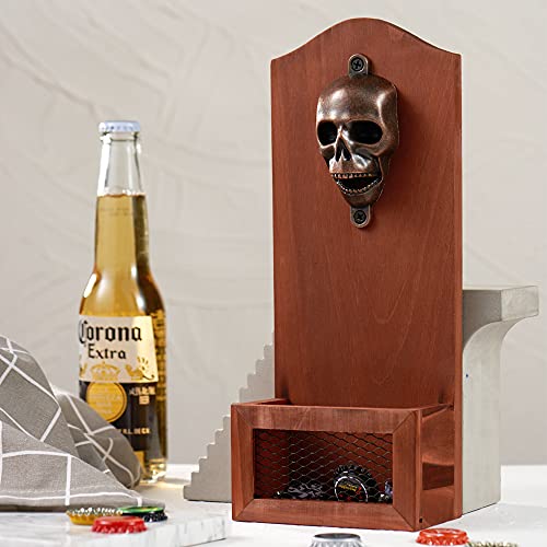 Arola Skull Bottle Opener with Cap Collector Catcher, Vintage Wooden Wall Mounted Bottle Opener，Ideal Gift for Men and Beer Lovers, Use as Bar Decoration. - Image 4