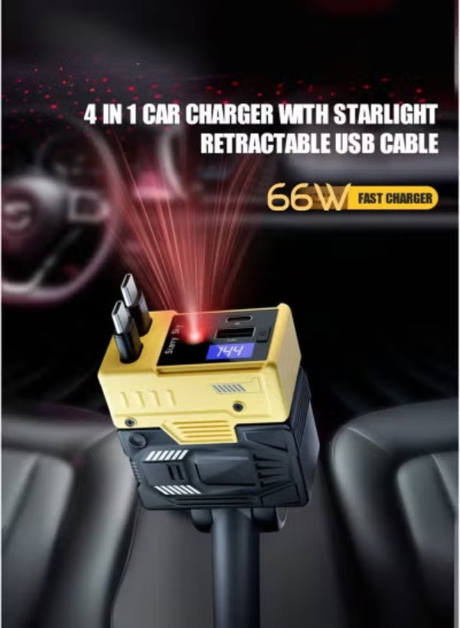 TIGER 66W 4-in-1 Retractable Car Charger | USB-C & USB-A Ports | Built-in Cables | Starry Sky Projector & LED Ambient Glow | Fast Charging for iPhone, Samsung, Pixel & More - Image 2