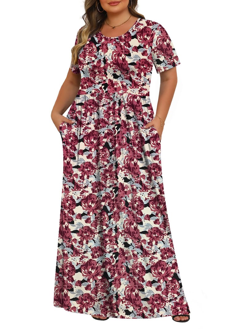Tencede Womens Plus Size Maxi Dresses Summer 2026 Casual Short Sleeve with Pockets Long Dress Retro Flower 2X - Image 1