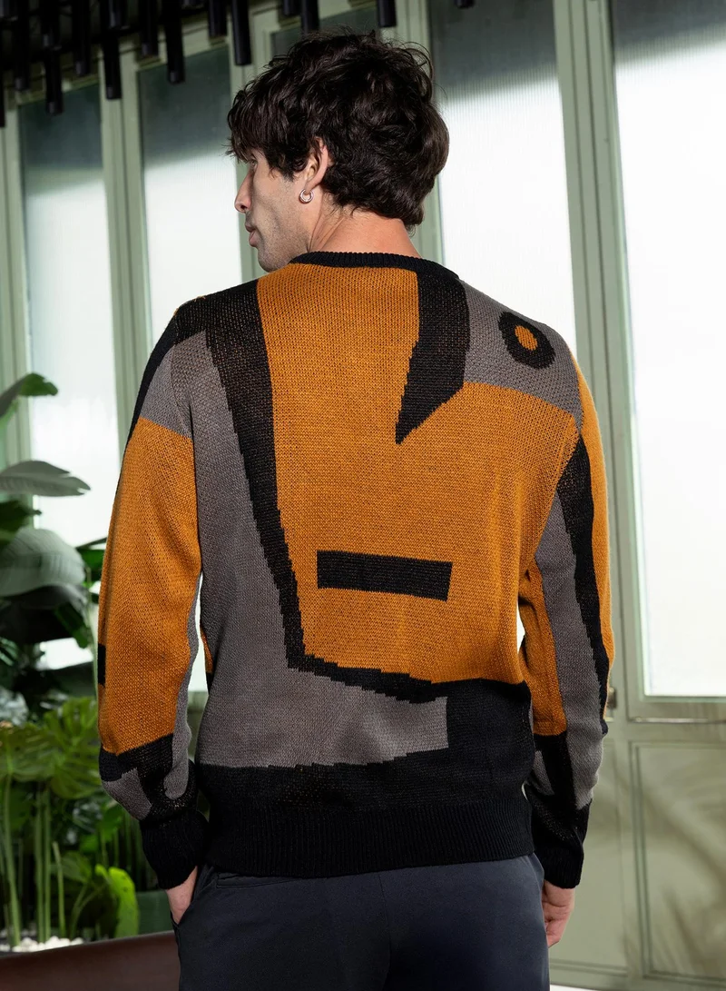 Campus Sutra Men Abstraction-Jacquard Pullover Sweater | Round Neck, Long Ribbed-Cuff Sleeves | Pull On , Ribbed-Straight Hem | Abstract Jacquard Knitted Fabric For Casual & Daily Wear | Multicolour