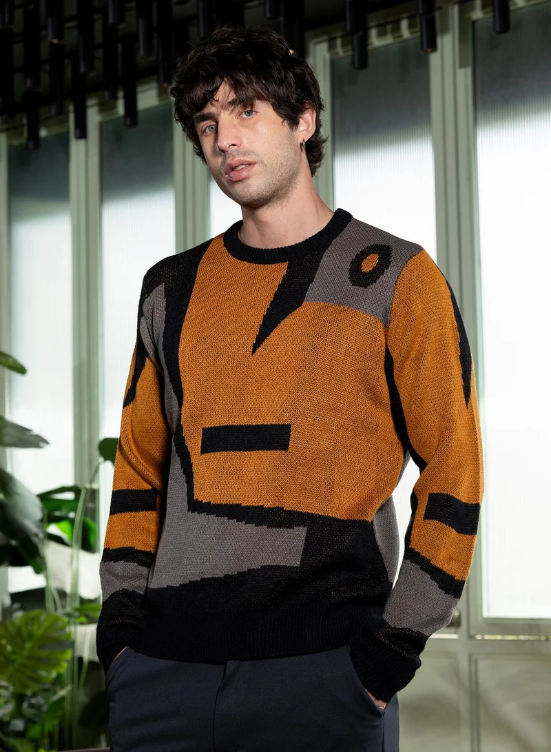 Campus Sutra Men Abstraction-Jacquard Pullover Sweater | Round Neck, Long Ribbed-Cuff Sleeves | Pull On , Ribbed-Straight Hem | Abstract Jacquard Knitted Fabric For Casual & Daily Wear | Multicolour